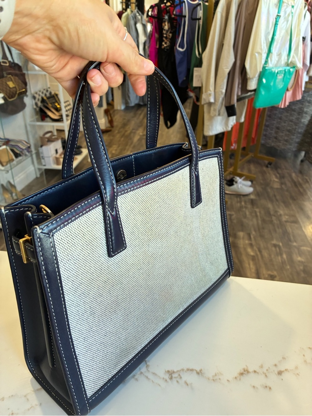Tory Burch Navy and Cream Canvas Tote - Picture 6 of 7